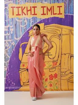 Tikhi Imli - Coral Jute Silk Gota Pati Designer Saree with Unstitched Blouse