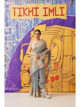 Tikhi Imli - Grey Jute Silk Woven Designer Saree with Unstitched Blouse
