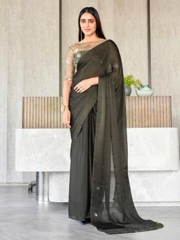 Tikhi Imli - Olive Coloured Satin Saree with Sequence Embroidered Unstitched Blouse