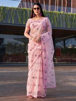Tikhi Imli - Pink Coloured Organza Saree with Mirror Embroidery Unstitched Blouse