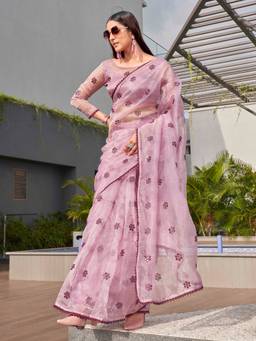 Tikhi Imli - Lavender Coloured Organza Saree with Mirror Embroidery Unstitched Blouse