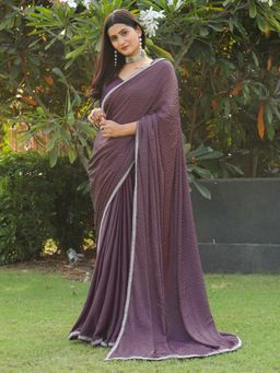 Tikhi Imli - Purple Coloured Velvet Embellished Saree with Unstitched Blouse