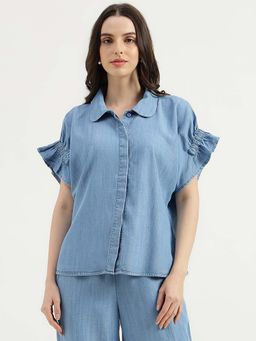 United Colors of Benetton - Regular Fit Peter Pan Collar Solid Tencel Top - Blue