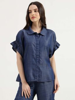 United Colors of Benetton - Regular Fit Peter Pan Collar Solid Tencel Top - Blue