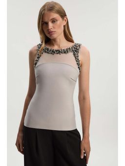 Karen Millen - Grey Embellished Figure Form Bandage Knit Top
