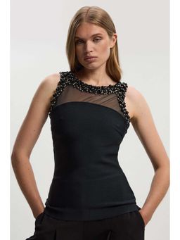 Karen Millen - Black Embellished Figure Form Bandage Knit Top