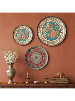 ARTCREST - Madhubani Peacock Wall Plates Metal Wall Art Decor (Pack of 3)