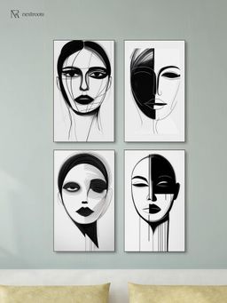 Nestroots - Elegance Woman's Captivating Portrait Wall Painting Black Floating Frame (Pack Of 4)