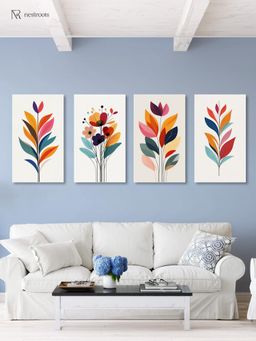 Nestroots - Bouquet Of Colorful Flowers Wall Painting Canvas White Floating Frame (Pack Of 4)