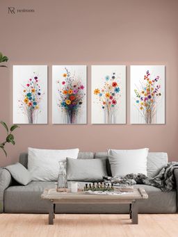 Nestroots - Floral Elegance: Canvas Wall Painting White Floating Frame (Pack Of 4)