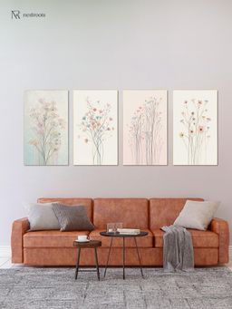 Nestroots - Floral Symphony: Canvas Wall Painting Gold Floating Frame (Pack Of 4)