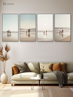 Nestroots - Heartwarming Family Beach Walk Series Wall Painting Black Floating Frame (Pack Of 4)