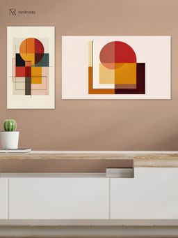 Nestroots - Abstract Circle and Square Canvas Wall Painting White Floating Frame (Pack Of 2)