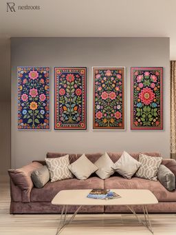 Nestroots - Vibrant Blue Floral Tapestry Series Printed Wall Painting White Floating Frame (Pack Of 4)