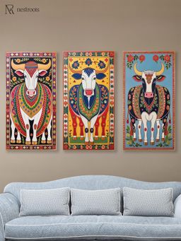 Nestroots - Collection Of Sacred Indian Cow Wall Painting Gold Floating Frame (Pack Of 3)