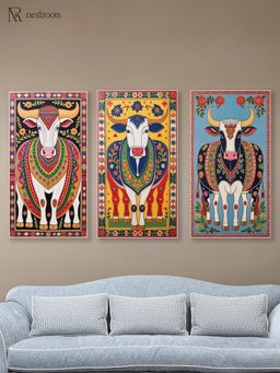 Nestroots - Collection Of Sacred Indian Cow Wall Painting White Floating Frame (Pack Of 3)