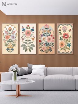 Nestroots - Elegant Floral Art Collection Printed Wall Painting White Floating Frame (Pack Of 4)
