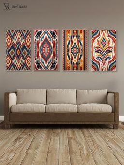 Nestroots - Vibrant Tribal Pattern Collection Printed Wall Painting White Floating Frame (Pack Of 4)