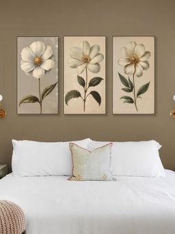 Nestroots - Delicate White Flower Series Printed Wall Painting Black Floating Frame (Pack Of 3)
