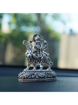 SABERA - Durga Ji On Tiger Idol In Silver Plating For Car Dashboard