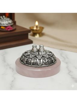 SABERA - Divine Lakshmi Charan Paduka On Rose Quartz Base - Silver Finish