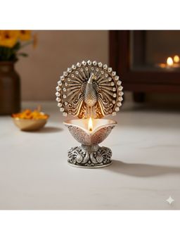 SABERA - Elegant Silver Peacock Diya Handcrafted Decorative Oil Lamp