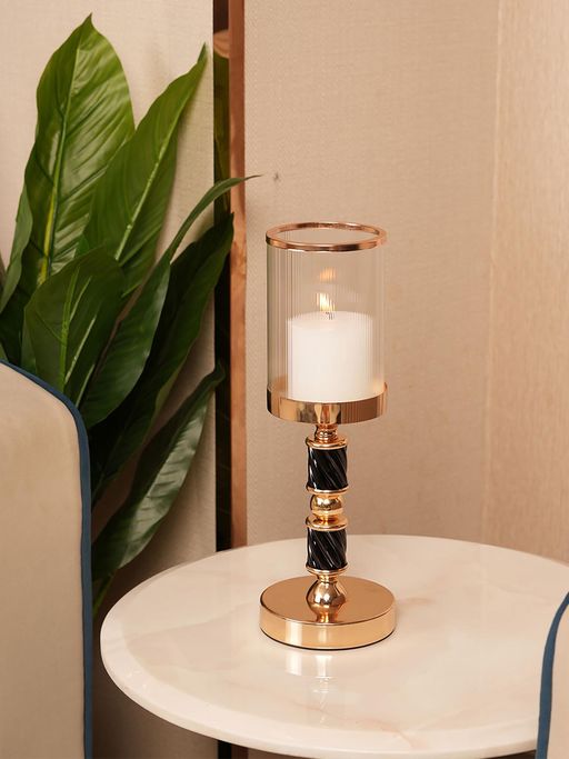 HOME 360 Premium Gold Spindle Candle Holder With Fulted Glass Accent