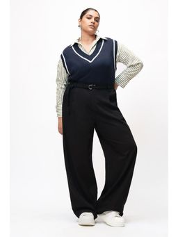 FREAKINS - Formal Black Curve Belted Straight Jeans