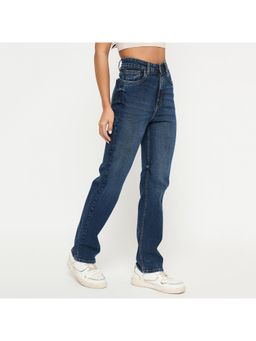 Madame - Whiskered Dark Blue Cotton Blend Straight Jeans