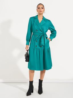 Styli - Women Teal Long Sleeves Blazer Midi Dress with Belt (Set of 2)