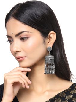 Yellow Chimes - Silver-Toned Oxidised Dome Shaped Jhumkas Earrings