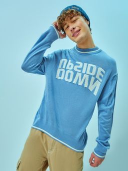 Bewakoof - Men's Blue Upside Down Typography Flatknit Sweater
