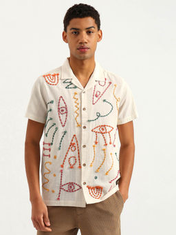 United Colors of Benetton - Relaxed Fit Resort Collar Cord Embroidered Shirt - Off White