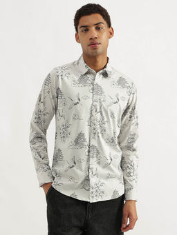 United Colors of Benetton - Slim Fit Spread Collar Tokyo Town Print Shirt - Off White