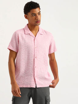 United Colors of Benetton - Relaxed Fit Resort Collar Textured Shirt - Pink