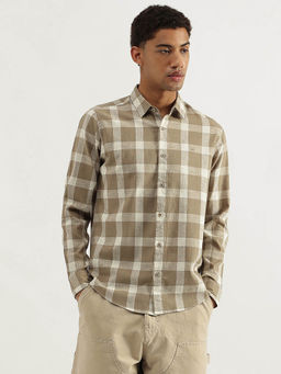 United Colors of Benetton - Regular Fit Spread Collar Gingham Checkered Shirt - Beige