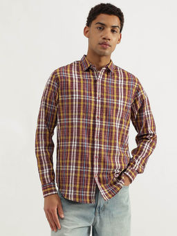 United Colors of Benetton - Regular Fit Spread Collar Plaid Checkered Shirt - Maroon