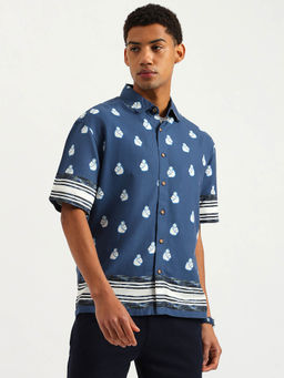 United Colors of Benetton - Oversized Fit Spread Collar Coconut Print Shirt - Blue