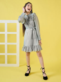 Stylo Bug - Girls Green Solid Full Sleeves Party Wear Dress with Belt (Set of 2)