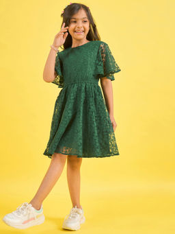 Stylo Bug - Girls Green Self Design Round Neck Dress