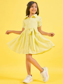 Stylo Bug - Girls Yellow Solid Dress with Belt (Set of 2)