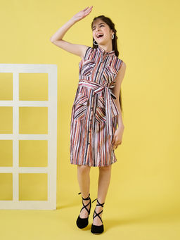 Stylo Bug - Girls Multi Stripes A-Line Dress with Belt (Set of 2)