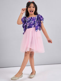 Stylo Bug - Girls Blue Flower Printed Square Neck Party Dress