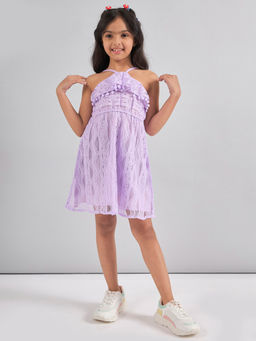 Stylo Bug - Girls Purple Flower Self Design Dress