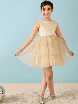 Stylo Bug - Girls Beige Embellished Round Neck Party Dress