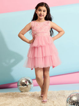 Stylo Bug - Girls Pink Embellished Round Neck Party Dress