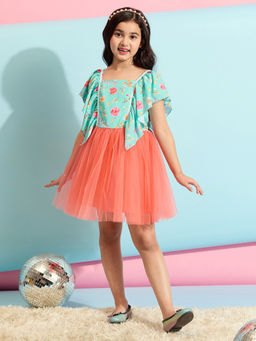 Stylo Bug - Girls Green Flower Printed Square Neck Dress