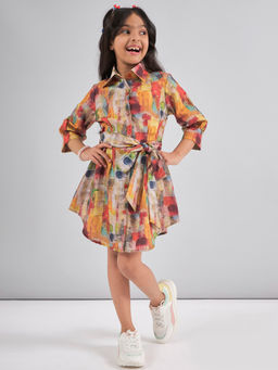Stylo Bug - Girls Multi-Color Printed Collar Neck Dress