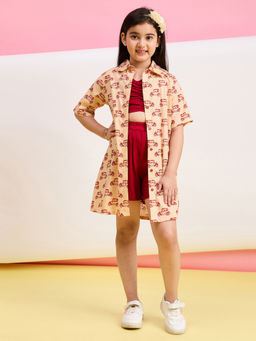 Stylo Bug - Girls Beige Cartoons Printed Top Shirt with Shorts (Set of 3)