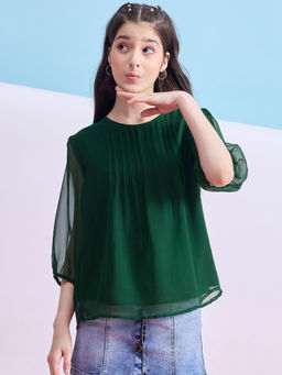 Stylo Bug - Girls Green Solid Round Neck Top